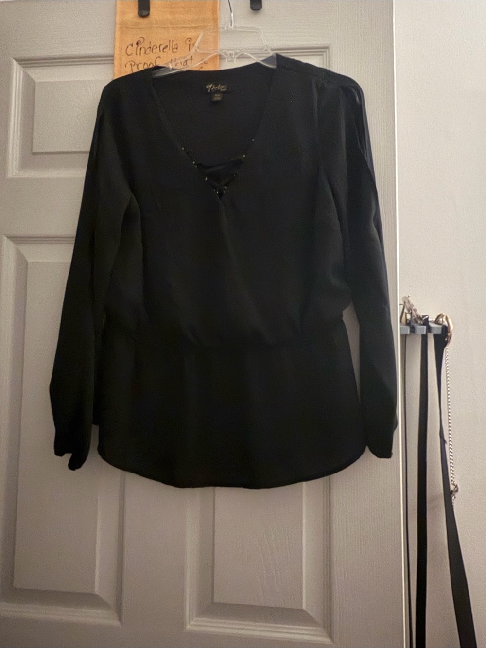 Thalia Sodi Black V-Neck Long-Sleeve Blouse with Lace-Up Detail
